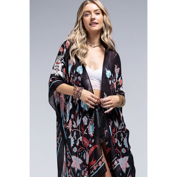 SOLD OUT Teal Black Leaf & Flower Printed Kimono Open Wrap Coverup Kimono Top - Picture 2 of 5